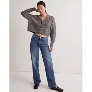Madewell Cardigan S Cable Knit Cropped Wool Blend Gray Silver Fisherman Preppy